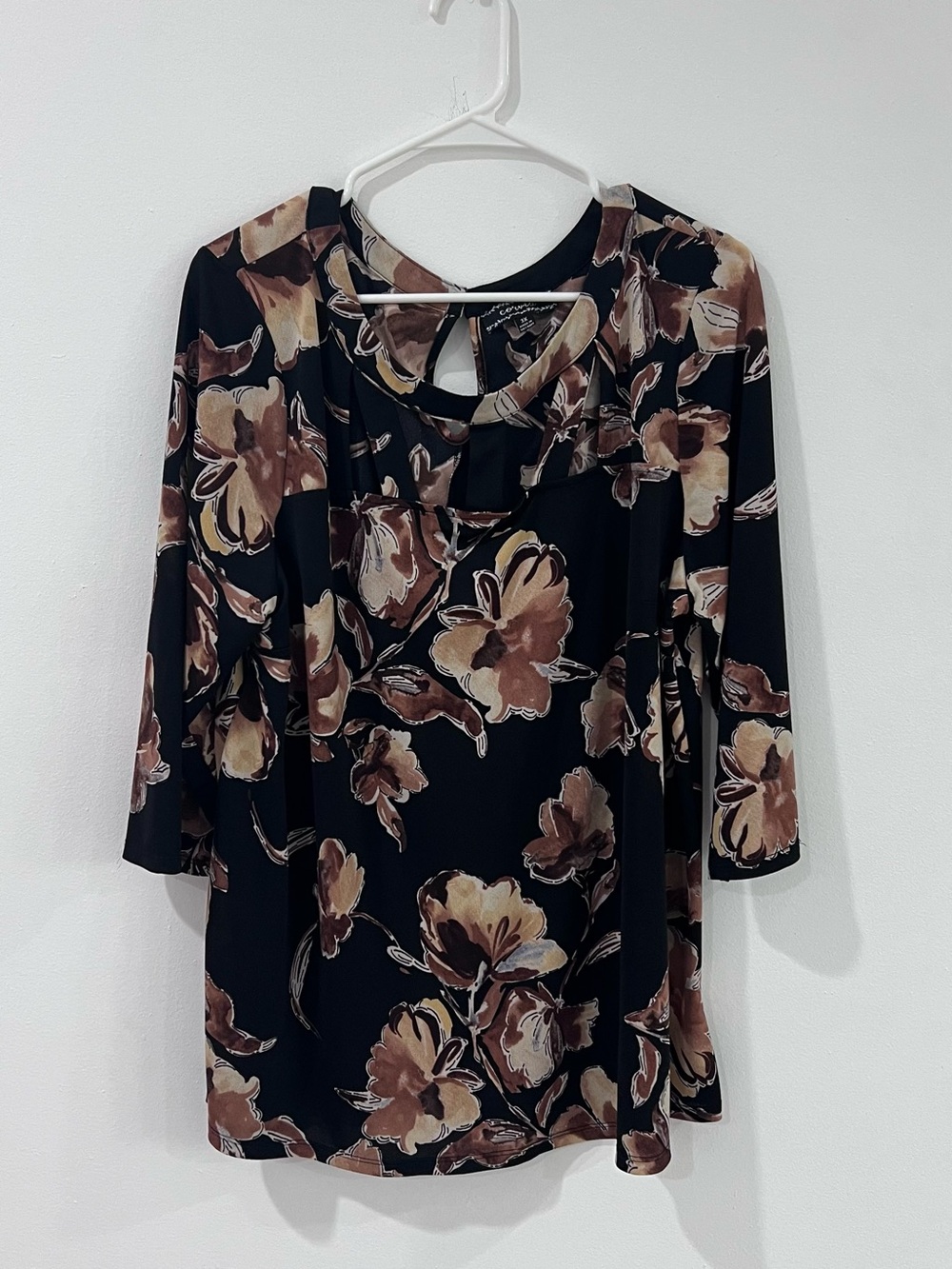 Plus Size Floral Tunic 3X Black Brown 70s Boho Retro Mod Long Sleeve Top